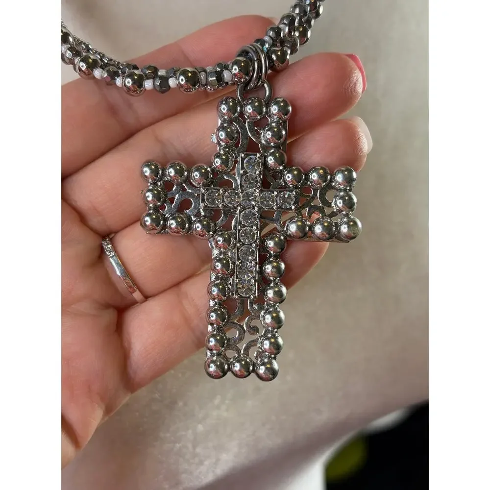 Silver Tone Multi Strand Chunky Cross Necklace Statement - Picture 2 of 5